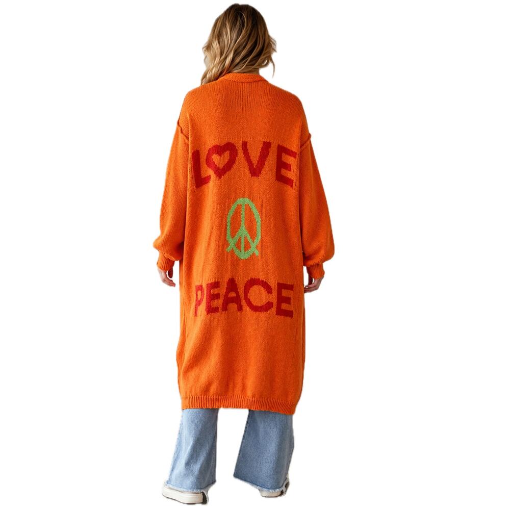 Festival Dopamine Duster Cardigan Peace Sign Hippie Boho Long Sweater M Orange